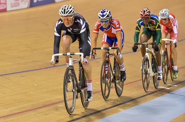 Liam Aitcheson in action in the men's points race at the UCI Juniors Track Cycling World Championships at the Sir Chris Hoy Velodrome in Glasgow today.